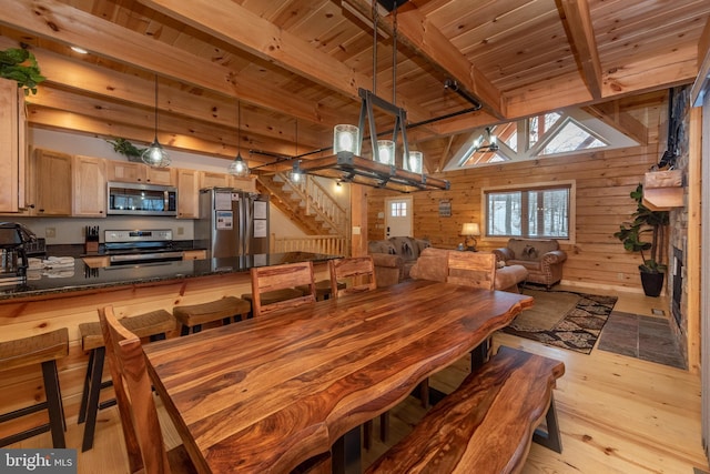 35 Blue Mountain Vw, Mc Henry, MD 21541 - dining space with stairway, wooden walls, wooden ceiling, beam ceiling, and light wood-style flooring