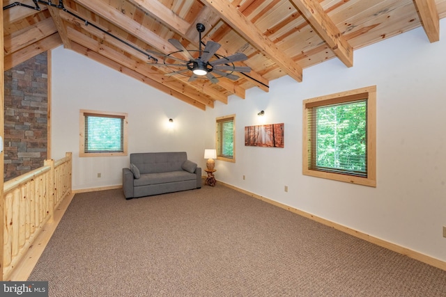 35 Blue Mountain Vw, Mc Henry, MD 21541 - living area featuring wood ceiling, plenty of natural light, carpet floors, and ceiling fan