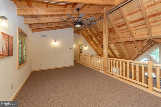 35 Blue Mountain Vw, Mc Henry, MD 21541 - bonus room featuring lofted ceiling with beams, visible vents, baseboards, a ceiling fan, and wood ceiling