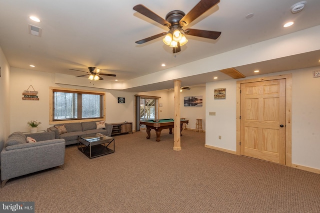35 Blue Mountain Vw, Mc Henry, MD 21541 - carpeted living area featuring baseboards, visible vents, recessed lighting, a ceiling fan, and pool table