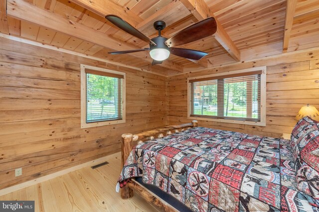 35 Blue Mountain Vw, Mc Henry, MD 21541 - bedroom featuring beamed ceiling, wood finished floors, wood walls, and wooden ceiling