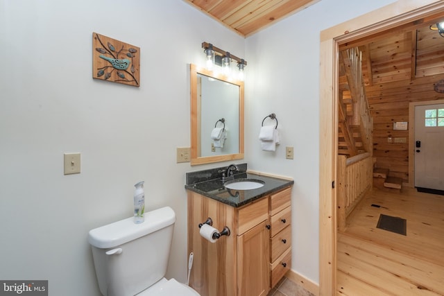 35 Blue Mountain Vw, Mc Henry, MD 21541 - bathroom featuring wood walls, wood finished floors, vanity, wooden ceiling, and toilet
