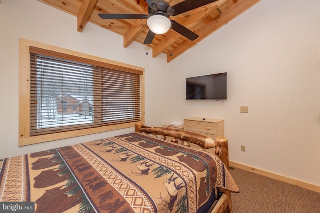 35 Blue Mountain Vw, Mc Henry, MD 21541 - carpeted bedroom featuring lofted ceiling with beams, wooden ceiling, a ceiling fan, and baseboards