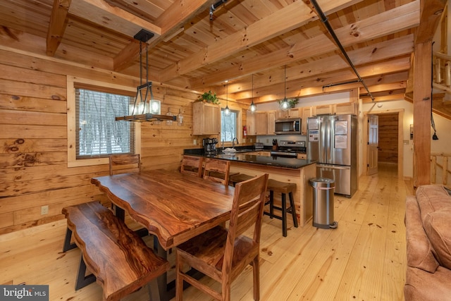 35 Blue Mountain Vw, Mc Henry, MD 21541 - dining area featuring wood ceiling, wood walls, beam ceiling, and light wood-style floors