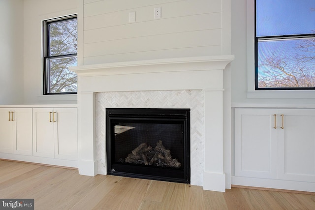 details featuring hardwood / wood-style flooring and a tile fireplace