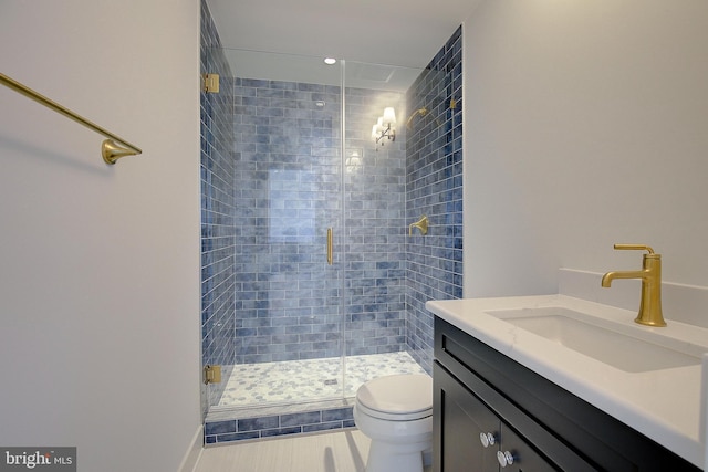 bathroom featuring toilet, vanity, and a shower with shower door