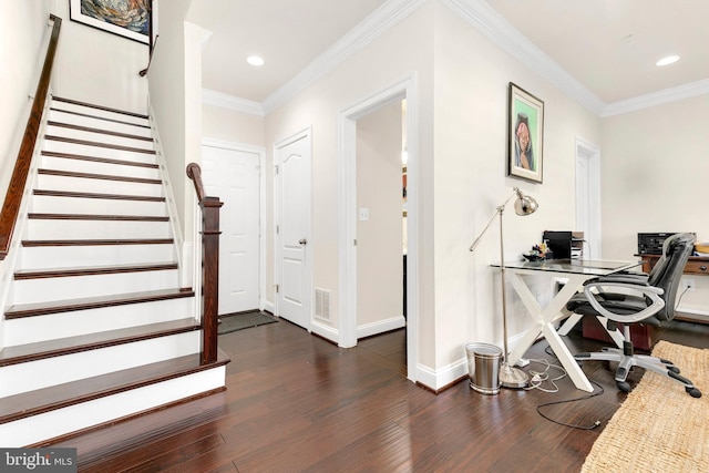 office space with ornamental molding and dark hardwood / wood-style flooring