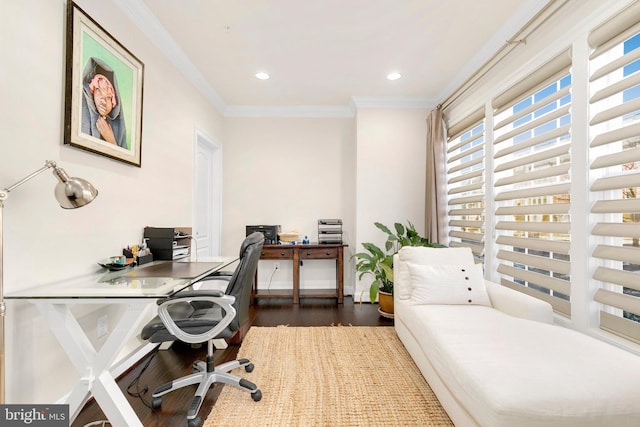 home office featuring crown molding and dark wood-type flooring