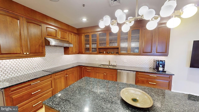 kitchen featuring black electric cooktop, stainless steel dishwasher, hanging light fixtures, and backsplash