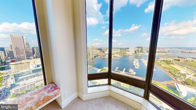 interior space with a water view and carpet floors