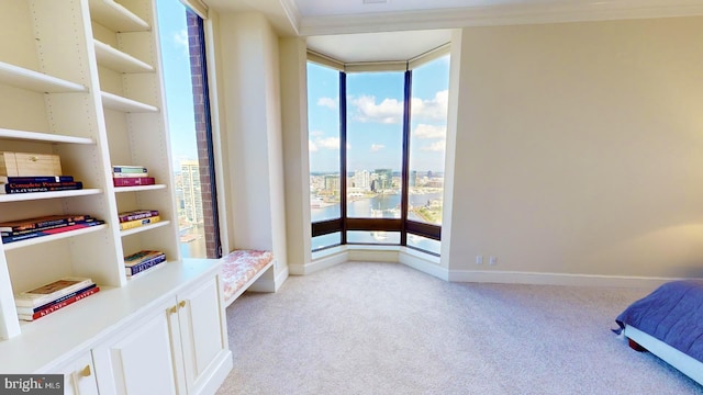 living area with crown molding, light colored carpet, and floor to ceiling windows