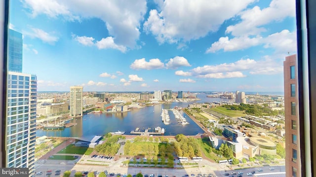 birds eye view of property featuring a water view