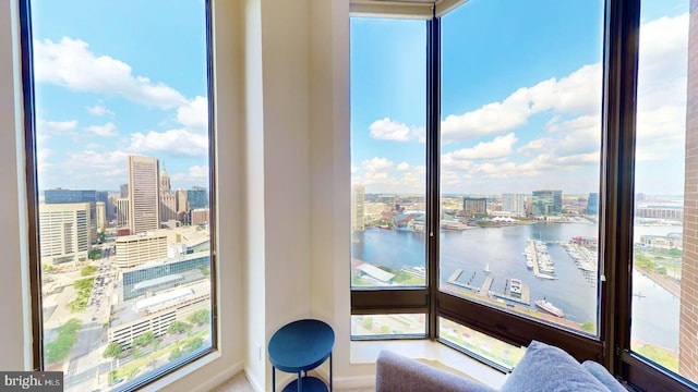 sitting room with a water view and a healthy amount of sunlight