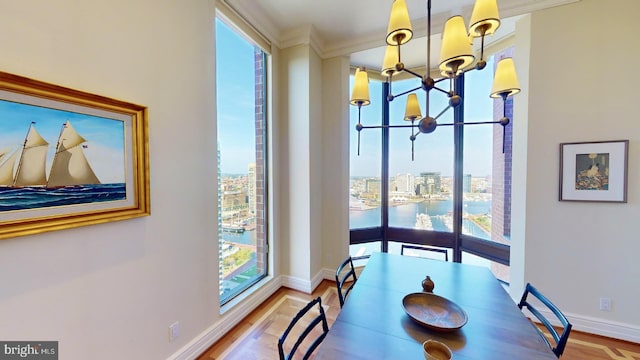 dining room with light hardwood / wood-style flooring, a chandelier, a healthy amount of sunlight, and a water view