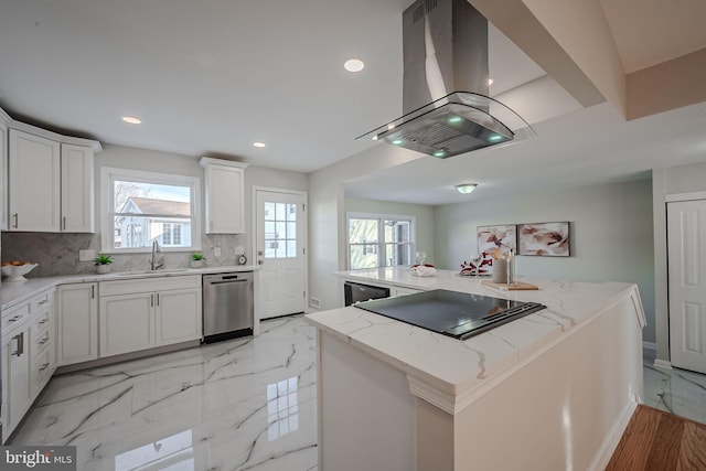 kitchen with dishwasher, a kitchen island, island range hood, and white cabinets