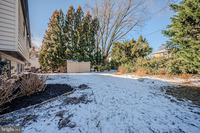 yard layered in snow with a storage shed