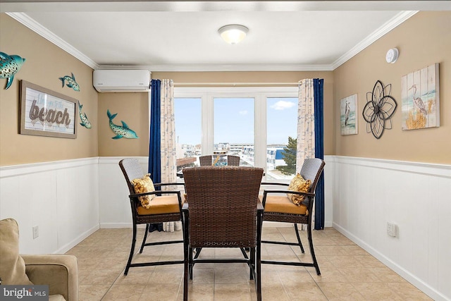 dining area featuring light tile patterned flooring, ornamental molding, and an AC wall unit