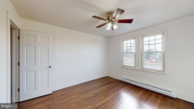 spare room with ceiling fan, dark hardwood / wood-style flooring, and a baseboard heating unit