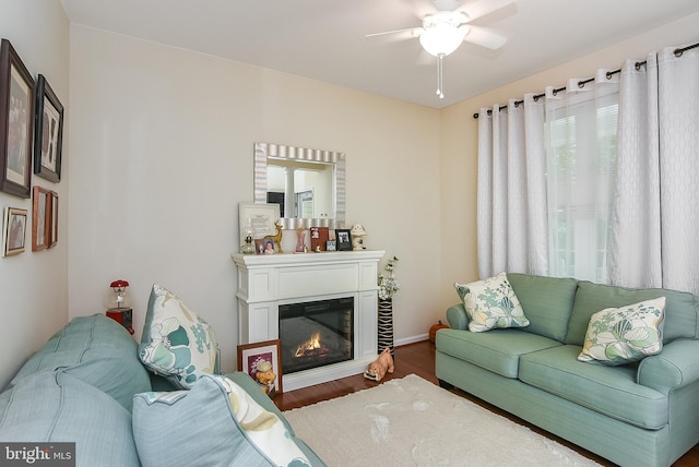 living room featuring wood-type flooring and ceiling fan