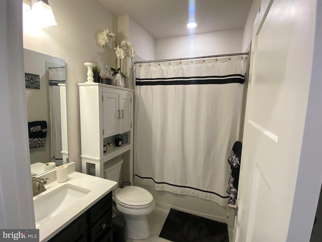 full bathroom with vanity, toilet, and shower / bathtub combination with curtain