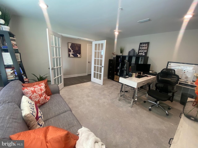 home office featuring carpet flooring and french doors