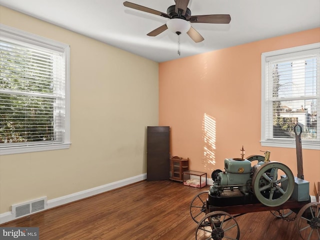 miscellaneous room featuring dark wood-type flooring, a wealth of natural light, and ceiling fan