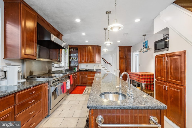 kitchen with high end stainless steel range oven, range hood, sink, and a center island with sink