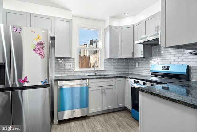 kitchen with sink, dark stone countertops, backsplash, stainless steel appliances, and light hardwood / wood-style flooring