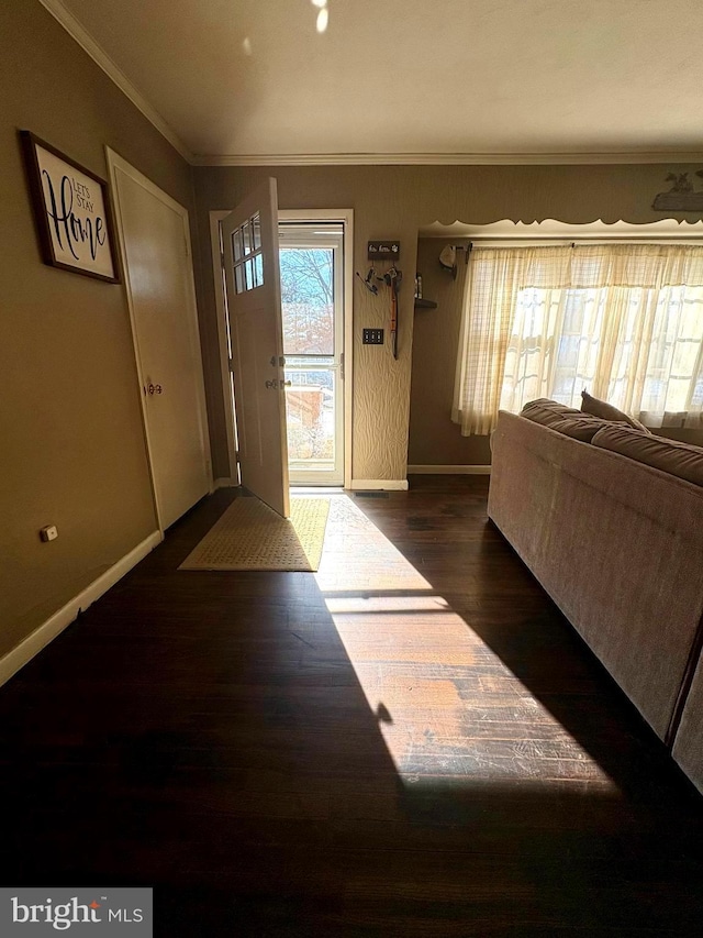 entryway with crown molding and dark hardwood / wood-style flooring