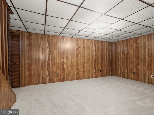 basement with carpet floors and wooden walls