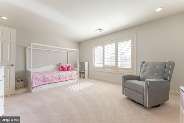 bedroom featuring recessed lighting, visible vents, carpet floors, and baseboards