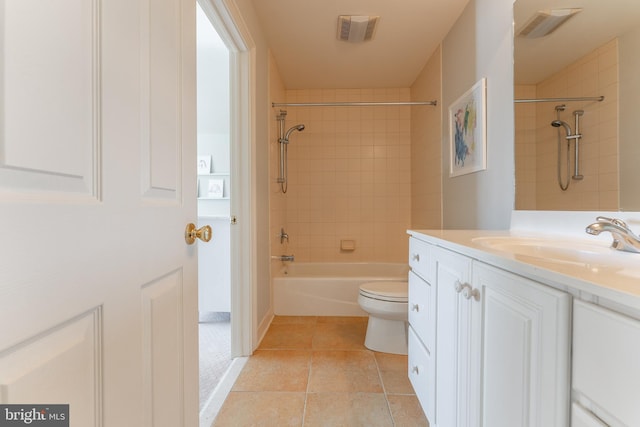 bathroom featuring vanity,  shower combination, toilet, and visible vents