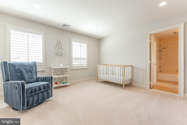 sitting room featuring recessed lighting, visible vents, carpet floors, and baseboards