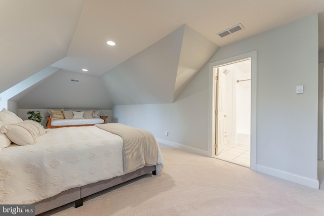 bedroom with visible vents, baseboards, carpet, and lofted ceiling