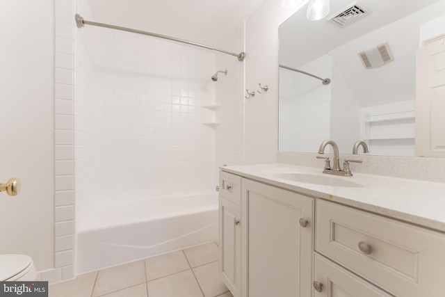 bathroom with visible vents, toilet, tile patterned flooring, bathing tub / shower combination, and vanity