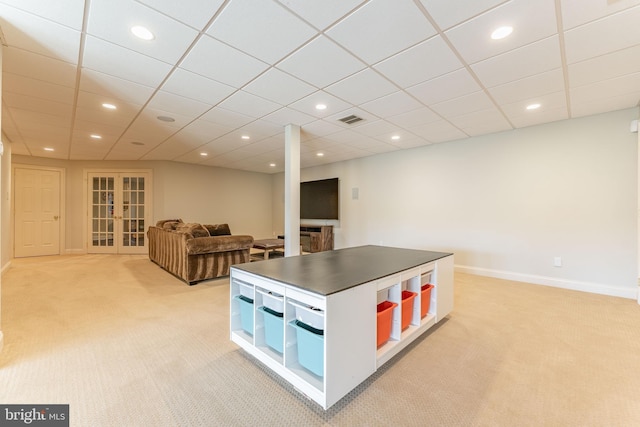 recreation room featuring recessed lighting, light colored carpet, visible vents, and french doors