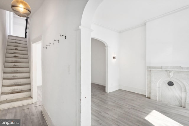 stairs featuring hardwood / wood-style flooring and ornamental molding