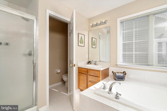 full bathroom with independent shower and bath, vanity, tile patterned floors, and toilet