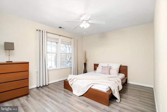 bedroom with ceiling fan and light wood-type flooring