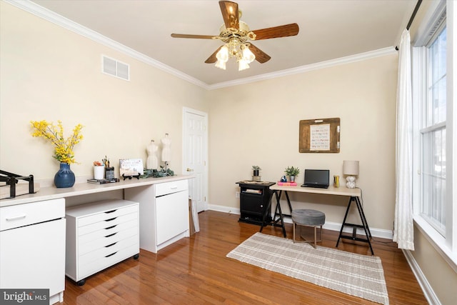 office with ceiling fan, ornamental molding, and hardwood / wood-style floors