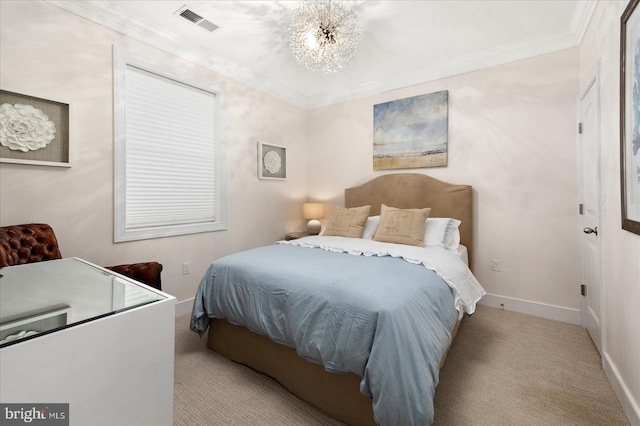 bedroom featuring ornamental molding, light colored carpet, and a notable chandelier