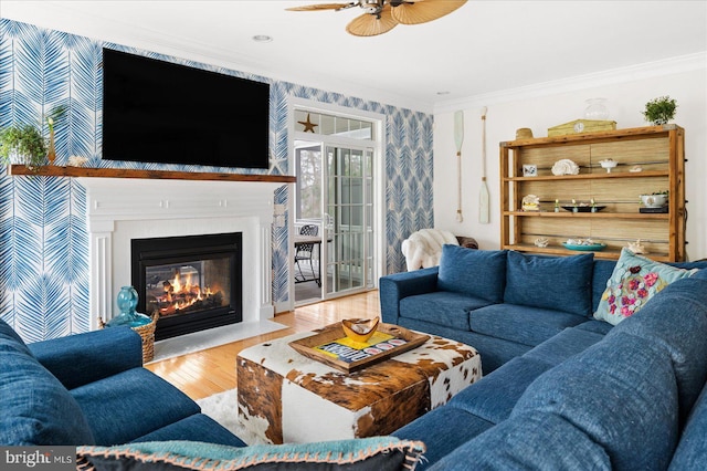 living room featuring crown molding, ceiling fan, and light wood-type flooring