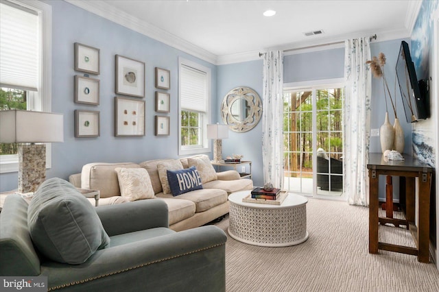 living room with crown molding