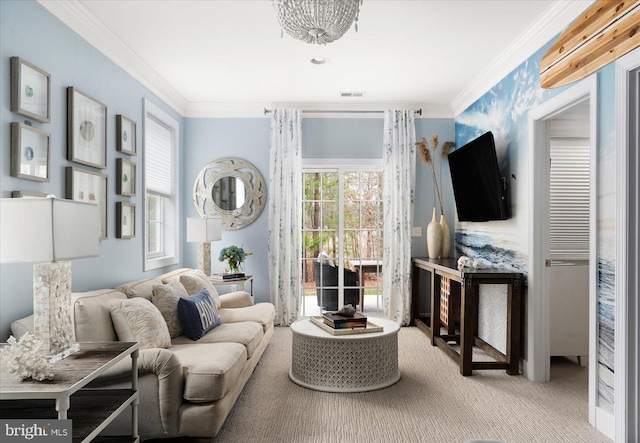 living room with ornamental molding and carpet flooring