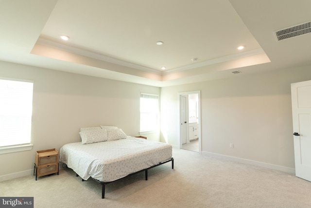 bedroom featuring a tray ceiling and light colored carpet