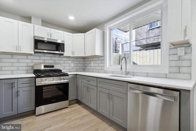 kitchen featuring white cabinetry, sink, gray cabinets, and stainless steel appliances