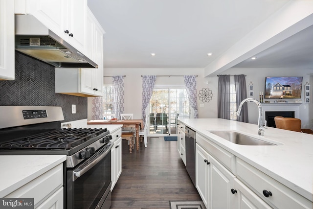 kitchen featuring sink, appliances with stainless steel finishes, dark hardwood / wood-style floors, white cabinets, and backsplash