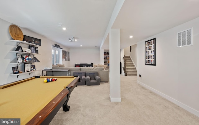 recreation room featuring light colored carpet and pool table