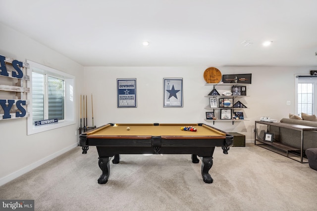 playroom featuring pool table and light carpet