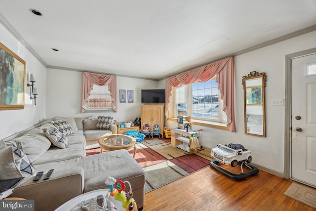 living room with hardwood / wood-style floors and ornamental molding